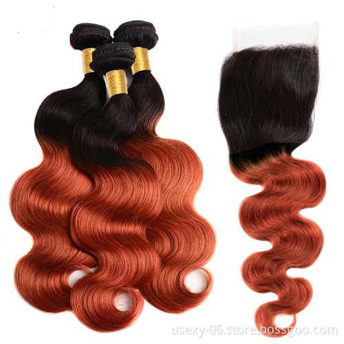 Pre-Colored Hair Bundles With Closure Straight Brazilian Hair Weave Two Tone 1B 350 Color Ombre Virgin Hair